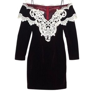 VTG Scott McClintock Velvet Lace Off Shoulder Cocktail Dress Sz 2P Burgundy L/S